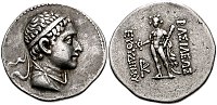 Euthydemos II (185-180 BCE). With Greek legend ΒΑΣΙΛΕΩΣ ΕΥΘΥΔΗΜΟΥ, "Of King Euthydemus".