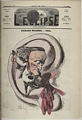 A cartoon showing a misshapen figure of a man with a tiny body below a head with a prominent nose and chin standing on the lobe of a human ear. The figure is hammering the sharp end of a crochet symbol into the inner part of the ear and blood pours out.