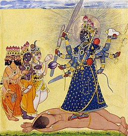 Goddess Bhadrakali Worshipped by the Gods from a tantric Devi series. Opaque watercolor, gold, silver and beetle wing cases on paper. Pahari, Punjab Hills, c. 1660-1670