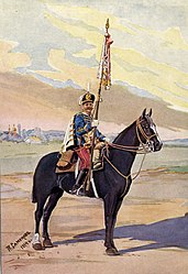 The Sergeant–Major of the Elisavetgrad Hussar Regiment with the Regimental Standard. Drawing by Lieutenant Colonel Samonov