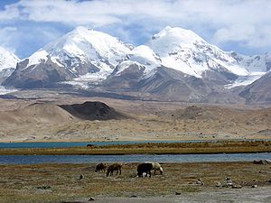 The Kongur Tagh range in 2005. The summits visible from the viewpoint on the Karakoram highway to the southwest are those of Kuk Sel (6,715 metres) and Kezi Sel (6,525 metres), about 5 km and 7 km south of the main summit.