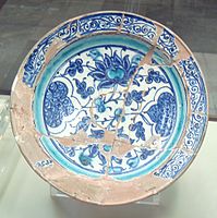 Miletus ware showing a red body covered by white slip, then painted in blue, c. 1400, Turkey