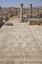 Ruins of a Roman city. A large mosaic in front and columns in the background