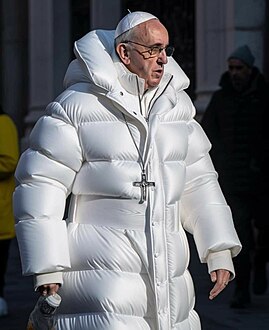 A 2023 AI-generated image of Pope Francis wearing a puffy winter jacket fooled some viewers into believing it was an actual photograph. It went viral on social media platforms.