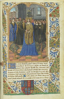 Rene II standing before the body of Charles the Bold, who wears a golden crown