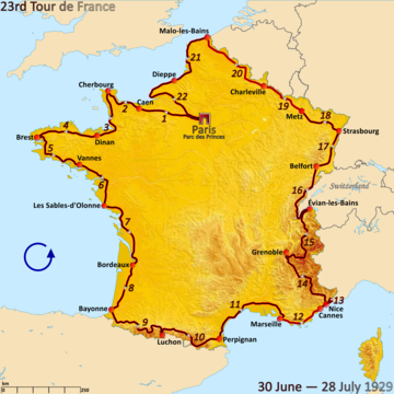 Route of the 1929 Tour de France followed counterclockwise, starting in Paris