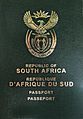 Front cover of a South African passport with new coat of arms, issued from 2009 onwards.