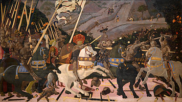Niccolò Mauruzi da Tolentino at the Battle of San Romano (probably c. 1438–1440), egg tempera with walnut oil and linseed oil on poplar, 182 × 320 cm, National Gallery, London.[9]