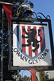 Owain Glyndŵr arms used as a sign for a hotel at Pale Hall.[128]