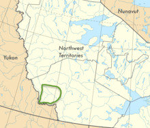 Symphyotrichum nahanniense general range within Northwest Territories, Canada. The species has been found at seven hot springs locations within the Nahanni National Park Reserve. The general location of those hot springs is outlined in green on the map.