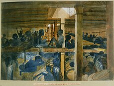 This image is from a sketchbook of watercolours depicting places visited by Francis Meynell while on a Royal Navy anti-slavery patrol off the west coast of Africa and includes several ship portraits. This is one of two watercolours, the other being MEY/2.1, which show slaves above and below deck. They were painted on board the ‘Albanoz’, a captured Spanish slave ship in 1846, so the people shown had in fact been liberated though not yet landed and released. They nevertheless provide a rare eyewitness view of conditions in the hold of a slave ship. Those shown are not chained - and there are no signs of chains- but rather imprisoned in a confined space. During the Middle Passage, the enslaved were usually not kept constantly below deck, unless the weather was particularly bad or there was a serious threat of revolt on board. In order that as many Africans should reach the Americas with some of their health intact, they were allowed out of the fetid holds and to exercise on deck.