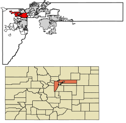 Location of the City of Arvada in Jefferson and Adams counties, Colorado
