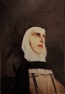 Portrait painting of a young nun wearing a habit, looking up.