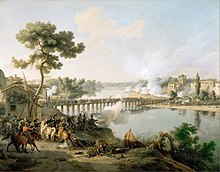 Color painting shows soldiers crossing a trestle bridge against resistance while a cannon fires in the foreground.