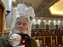 A selfie of David Trone wearing a gas mask while evacuating the House gallery during the January 6 United States Capitol attack