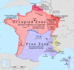 Division of France showing German occupation zone in the north, Vichy in the south. The yellow zone was under Italian administration