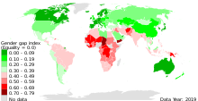 Gender Inequality Index world graph depicting countries' place for 2019; Japan is dark green, in the 0.00-0.09 range, with perfect equality being 0.00.