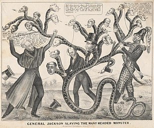 A thin older man uses a sword to attack a snake with multiple human heads representing different public figures