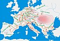 Image 52Hungarian campaigns across Europe in the 10th century. Between 899 and 970, according to contemporary sources, the researchers count 47 (38 to West and 9 to East) raids in different parts of Europe. From these campaigns only 8 were unsuccessful and the others ended with success. (from History of Hungary)