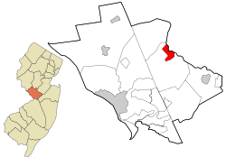 Location of Princeton Junction in Mercer County highlighted in red (right). Inset map: Location of Mercer County in New Jersey highlighted in orange (left).