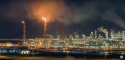 Panoramic view of the Mesaieed Industrial Area at night.