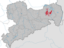 Lage des Obersorbischen Kernsiedlungsgebiets in Sachsen (gestrichelte Gemeinden mit unter 50 % Sorben)