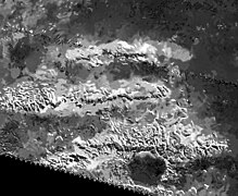 Cassini SAR image of Titan's Mithrim Montes, showing three parallel ridges