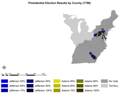 Results by county explicitly indicating the percentage of the winning candidate in each county. Shades of blue are for Jefferson (Democratic-Republican) and shades of yellow are for Adams (Federalist).
