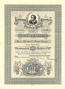 Gründer-Schein des Raimund Theater-Vereins in Wien über 400 Gulden, ausgestellt im Dezember 1893, mit Porträt des Dramatikers Ferdinand Raimund