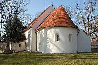 The small church of Saint-Andreas Szprotawa, Poland, built in the 13th century has an apsidal east end projecting from a chancel.