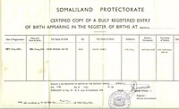 An old Somaliland Protectorate birth certificate