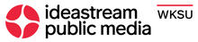 The Ideastream symbol, a circle divided into four pieces by a star shape, in red. To the right, on two lines, the words "ideastream" and "public media" in black in a rounded sans serif. Next to that, in the upper right, black letters W K S U with a red line above them.