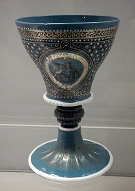 Goblet in opaque turquoise glass with enamel painted over (WB.55)
