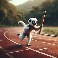 An AI-generated image of a Coquerel's sifaka lemur running around a dilapidated racetrack holding a relay baton.
