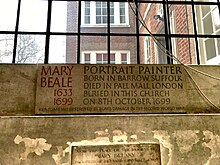 Mary Beale's memorial in St James Church, Picadilly