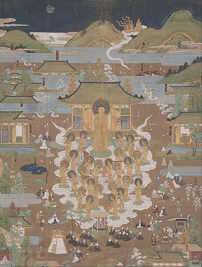 Amitābha welcomes Chūjō-hime to the Western Paradise.Japan, 16th century.[7]