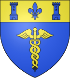 Azure, a caduceus or; upon the chief azure, a fleur-de-lis between two towers, all or.