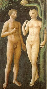 A fresco showing Adam and Eve tempted by the Devil. Eve holds a piece of fruit while Adam gestures towards it. The figures look slim, youthful and beautiful. Adam is bearded and tanned; Eve is blonde and pretty.