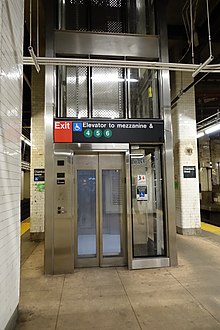 The elevator at the south end of the northbound island platform of the Chambers Street station