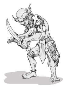 An illustration of a goblin wearing armour made of leather and skulls, wielding a cutlass.