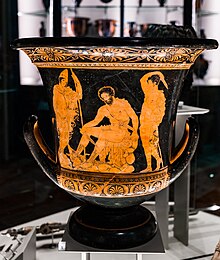 A Greek vase showing Odysseus sat on a rock: Tiresias's head rises from the ground while Odysseus's companion raises his sword.