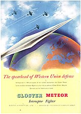 1949 poster advertising the Gloster Meteor jet fighter as the spearhead of Western Union defence