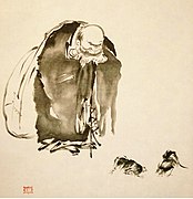 Painting of Hotei watching two cocks fighting, by the famous swordsman Miyamoto Musashi (1584–1645).