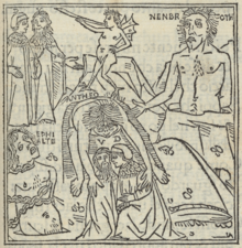 Woodprint with several giants (labelled as Nenbroth, Antheo and Ephialte), a demon, Dante (D) and Virgi (V).