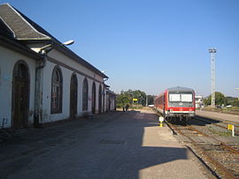 Railway station with German train
