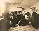 Russolo, 1913 and his assistant Ugo Piatti in their Milan studio with the Intonarumori (noise machines)