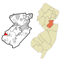Map of Heathcote CDP in Middlesex County. Inset: Location of Middlesex County in New Jersey.