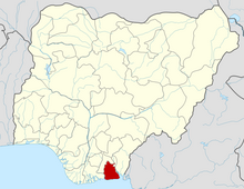 Ikot Ekpene is located in Akwa Ibom State shown here in red.