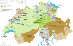 The Swiss Confederacy in the 18th century, showing the "Seven Zenden of Valais", along with subject Lower Valais, as an associate state of the Confederacy