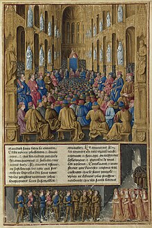 Pope Urban II stands in the center image, far back in the church at the Council of Clermont. The church members sit around the edges of the church, looking up at Urban. Between the church members are tens of common people, sitting or kneeling, also looking up at Urban. The church is packed full with people.
